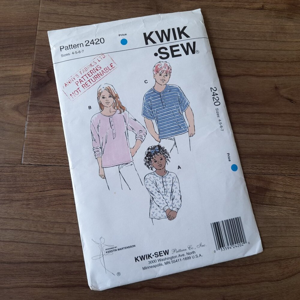 Kids Henley Shirts Pullover Tops Boys Girls Size 4-7 Kwik Sew 2420 UNCUT